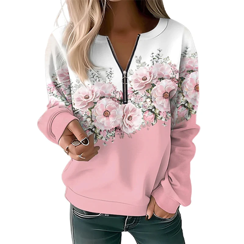 Top Trends: Women's Crew Neck Zipper Half-open Sweatshirt Elegant Botanical Flower Print Hoodie Female Autumn Long Sleeve Pullover Outerwear Shoppable Styles