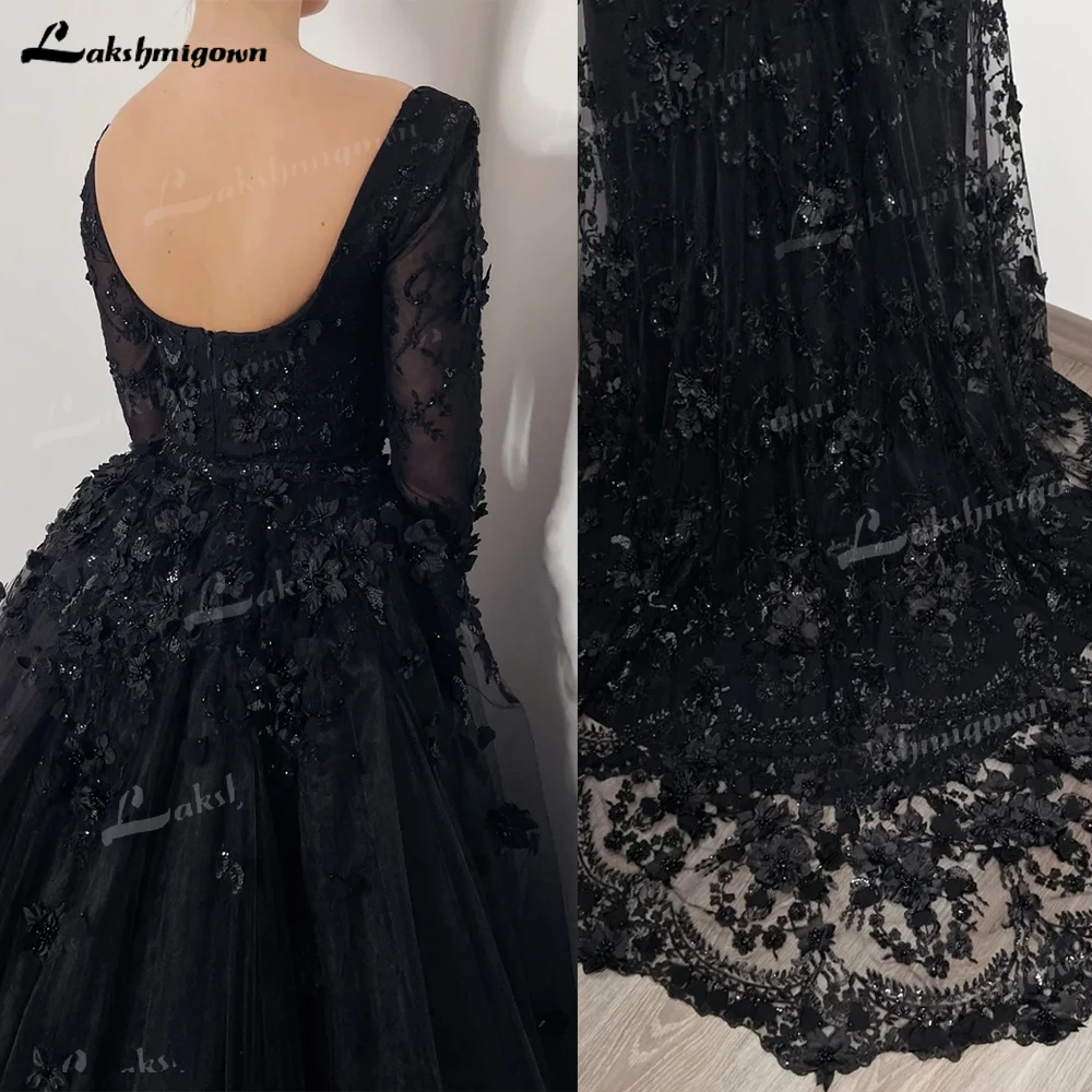 Top Trends: Shiny Black Gothic Elegant 3D Floral Beaded Wedding Dress Open Back Train Tulle Gown Long Sleeves Detachable Skirt Brautkleider Shoppable Styles