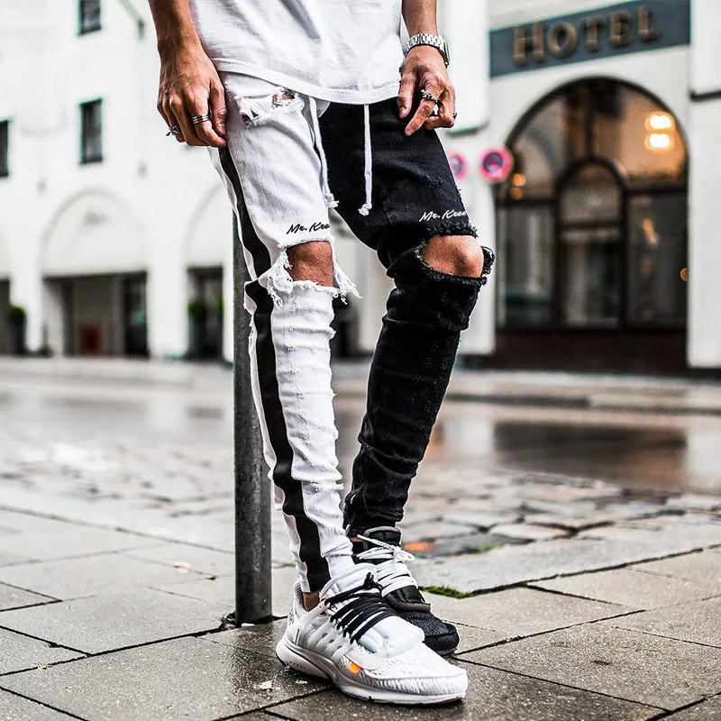 Top Trends: White Skinny Ripped Jeans Men Cotton Stretchy Slim Fit Hip Hop Denim Tattered Pants Casual Jeans For Men Jogging Trousers Shoppable Styles