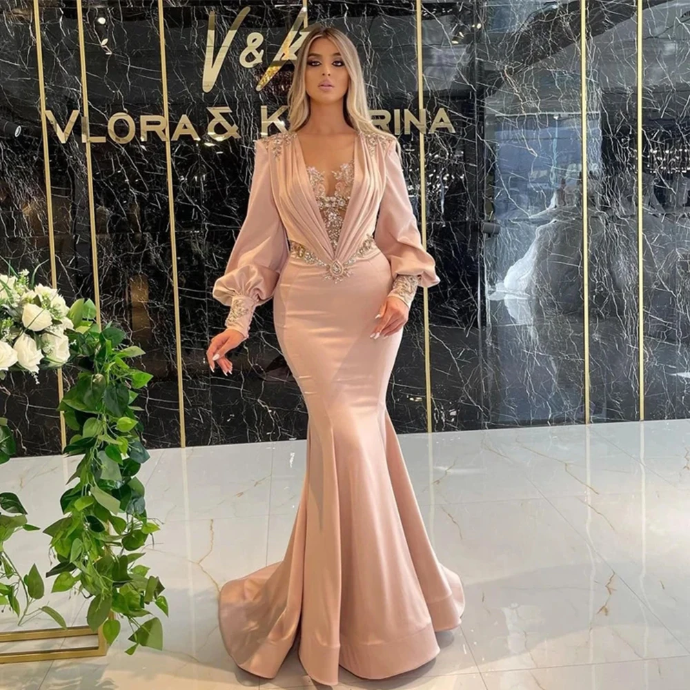 Top Trends: Gorgeous Women&#039;s Mermaid Long Sleeve Evening Dresses Sexy V-neck Lace Applique Princess Formal Beach Cocktail Prom Gowns Vestido Shoppable Styles