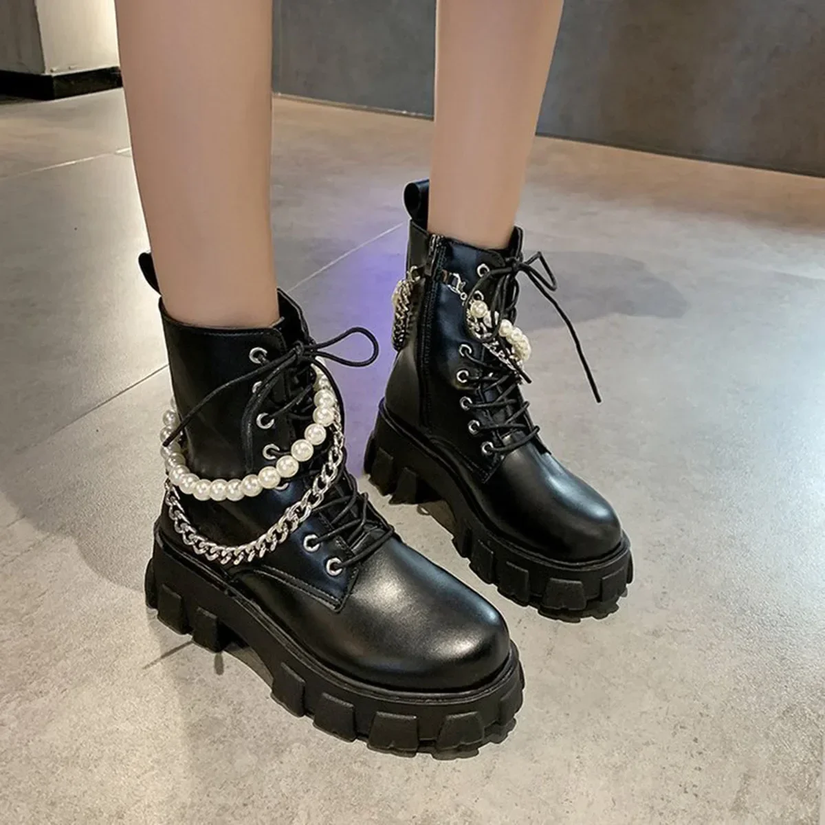 Top Trends: Women's Ankle Boots Autumn 2024 Fashion PU Leather Pearl Chain Platform Black Booties Punk British Style Casual Shoes For Ladies Shoppable Styles