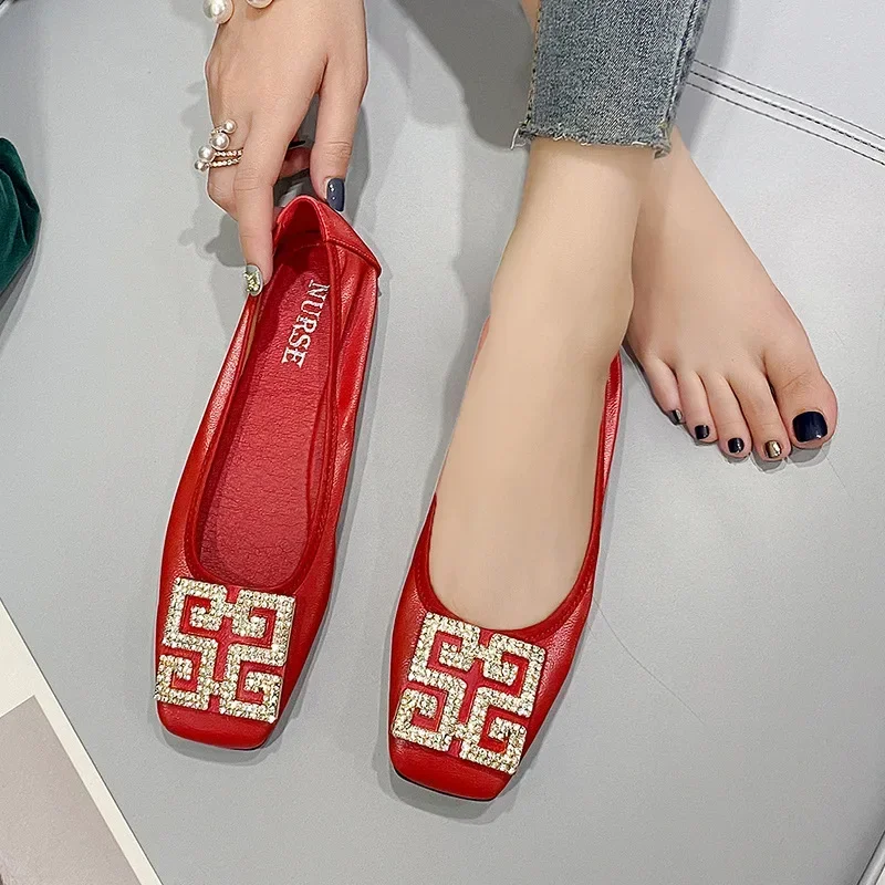 Top Trends: Red Ballerina Women Shoes Slip On Square Toe Flats Shoes For Women Rhinestones Buckle Loafers Women&#039;s Shallow Mouth Moccasins Shoppable Styles