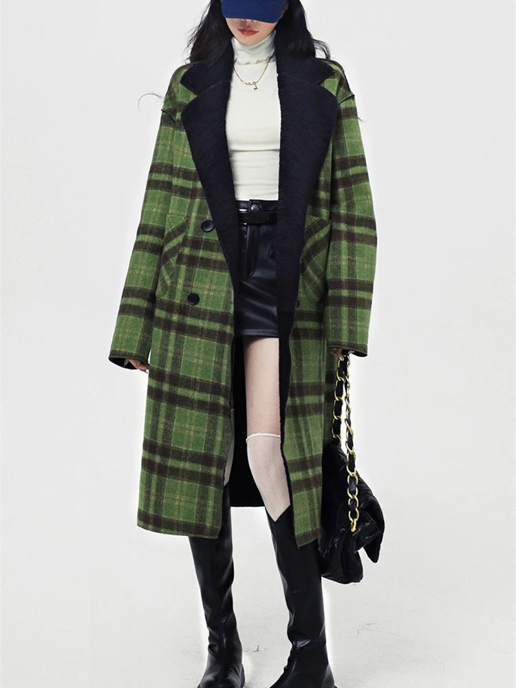 Top Trends: Women&#039;s Front Back Can Be Worn Green Check Pattern Woolen Coat Autumn Winter British Style Female Loose Suit Collar Long Jacket Shoppable Styles