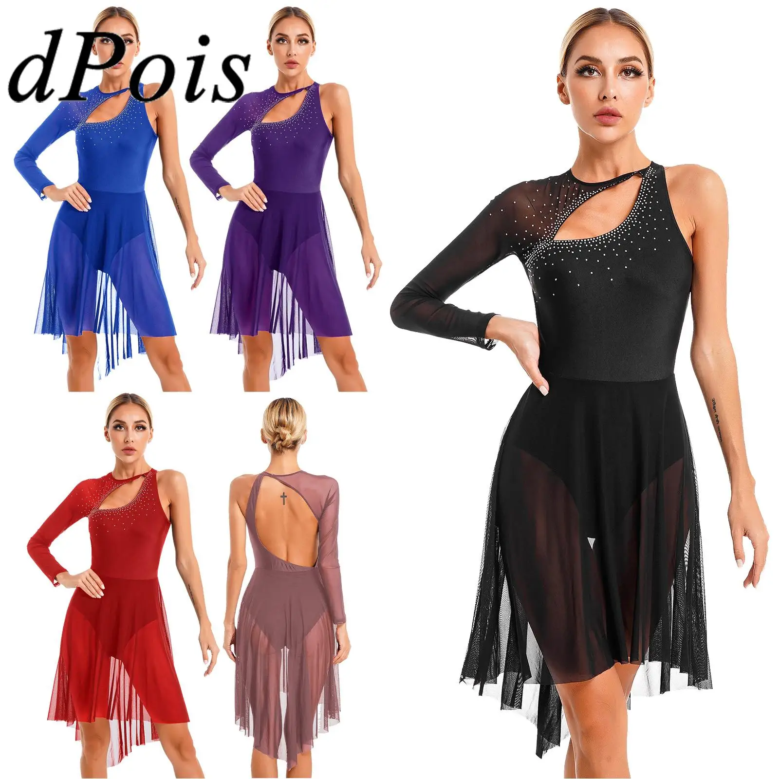 Top Trends: Figure Skating Dress Womens Long Sleeve Lyrical Dance Dress Stage Dancewear Sheer Mesh Gymnastics Leotard Ballroom Costume Shoppable Styles