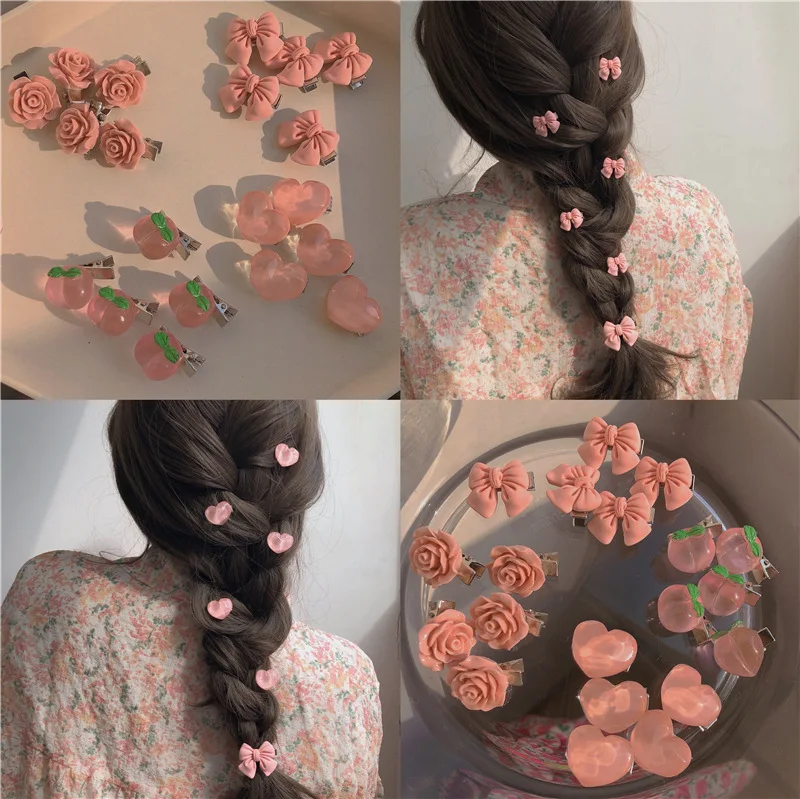 Top Trends: 5Pcs New Small Bow Hairpins Cute Peach Rose Headwear Hair Accessories Girl Side Bangs Clip Sweet Hair Clips Headdress Jewelry Shoppable Styles