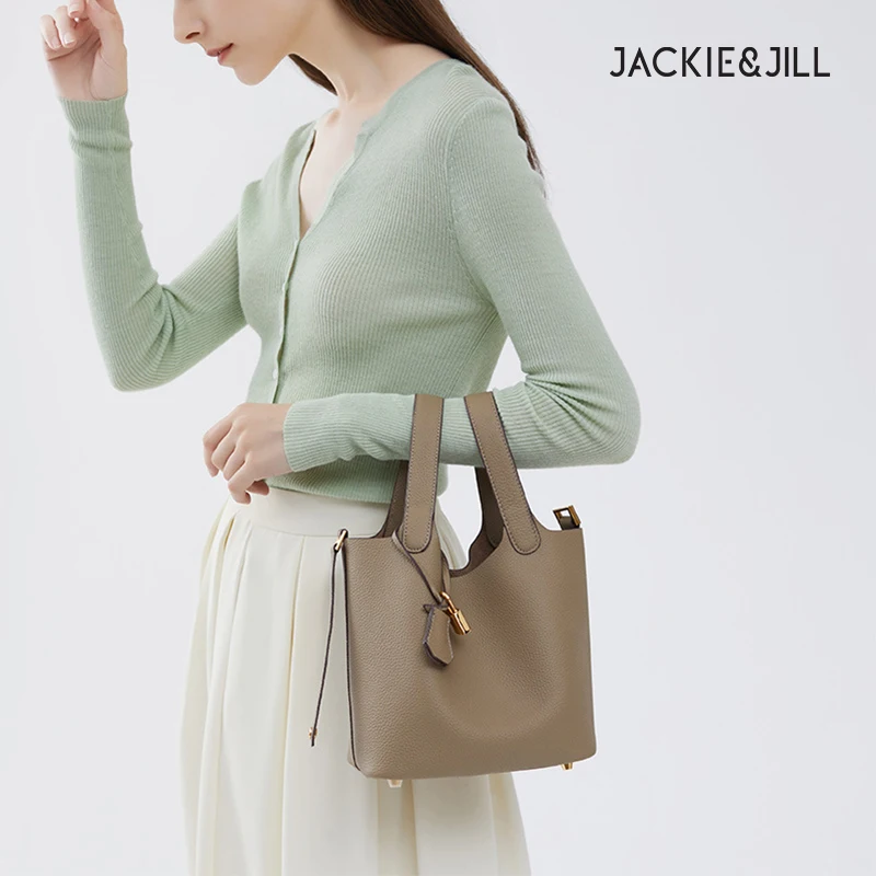 Top Trends: Jackie&Jill Cowhide Hand Sewn Bucket Bag Handbag Wax Line Vegetable Basket Lychee Grain Leather Portable Bucket Bag Women Shoppable Styles