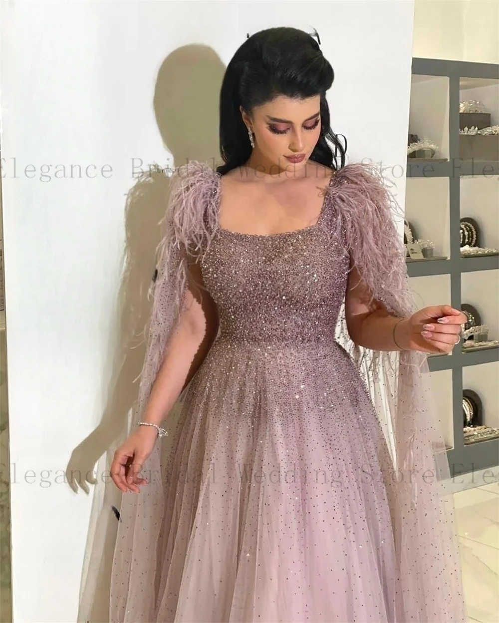 Top Trends: Sparkly Dusty Purple Evening Dresses With Full Cap Sleeves Feathers Sequins A-Line Celebbrity Gala Dress Tulle فستان حفلات ا Shoppable Styles