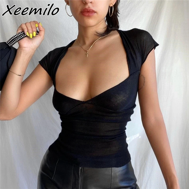 Top Trends: Xeemilo Sexy Square-neck Backless Black T-shirt Y2K Aesthetic Mesh Sheer Hollow Out Crop Top Summer Streetwear Short Sleeve Tees Shoppable Styles