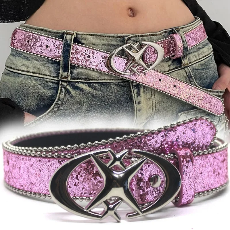 Top Trends: Fashion Spicy Girl Gilttery Pink Belt Metal Punk Moon Star Buckle Waistband Women Y2K Sequins PU Leather Belts Jeans Decoration Shoppable Styles