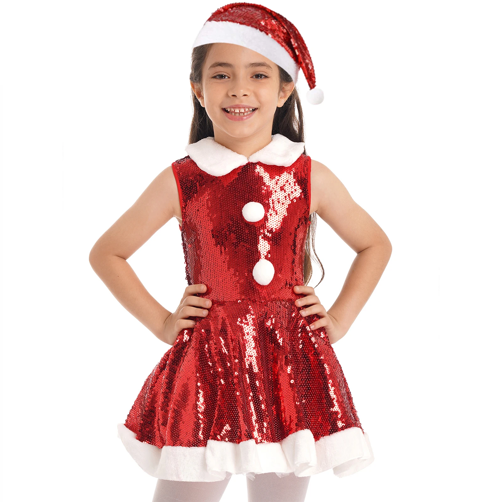 Top Trends: Kids Girls Christmas Santa Claus Cosplay Dress For New Year Xmas Party Gift Performance Costume Sleeveless Sequins Dress+ Hat Set Shoppable Styles