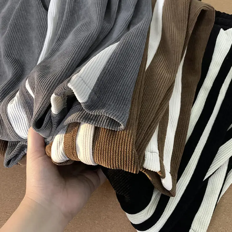 Top Trends: Korean Autumn Winter New Fleece Corduroy Solid Striped Straight Pants Men Patchwork Drawstring Versatile Trendy Casual Trousers Shoppable Styles