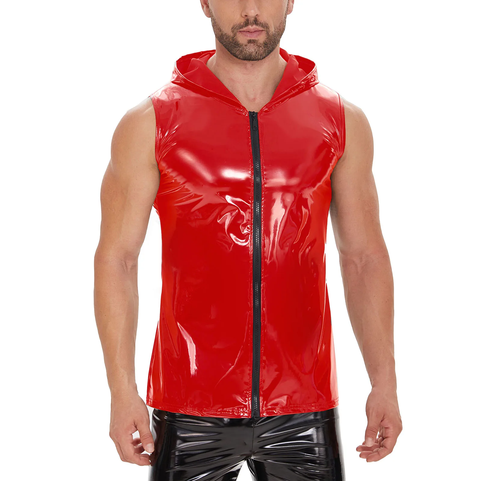 Top Trends: Plus Size Mens Shiny Leather Tank Top Full Zipper Glossy PVC Leather Hoodies T-Shirts Sleeveless Wetlook Latex V-Neck Vest Shoppable Styles - Image 2