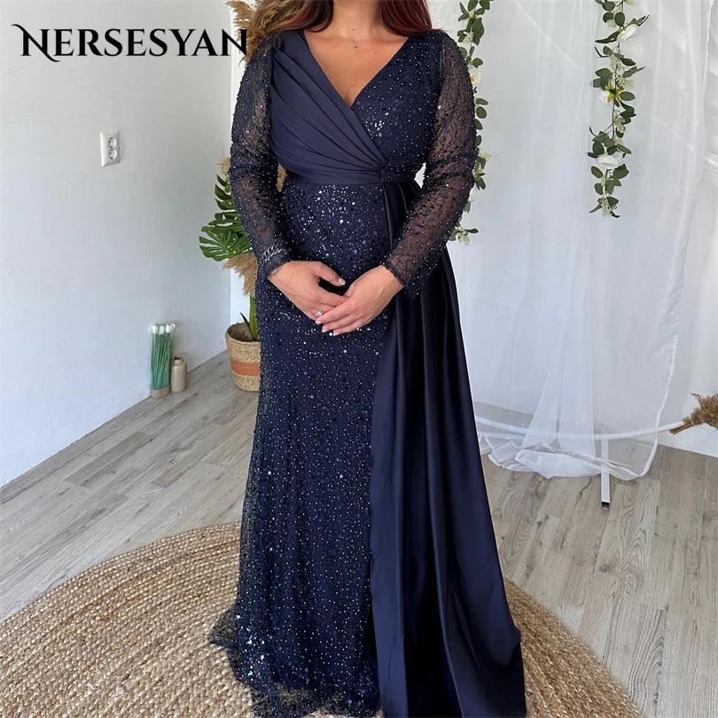 Top Trends: Nersesyan Fashion Navy Blue Satin Formal Evening Gowns Shiny Sequins Long Sleeves V-Neck Party Dresses A Line 2023 Prom Dress Shoppable Styles