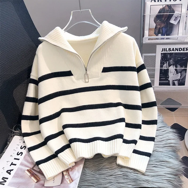 Top Trends: Warm Women Sweater Thick Winter Fashion Striped Zipper Jmuper Loose Korean Knitted Female Pullover Blouse Shoppable Styles