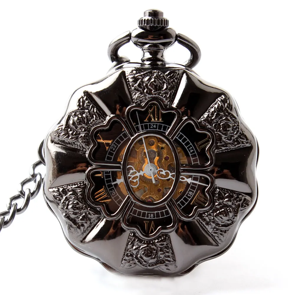 Top Trends: Black Full Steel Luminous Mechanical Pocket Watch Steampunk Vintage Hollow Analog Skeleton Hand Winding Mechanical Pocket Watch Shoppable Styles