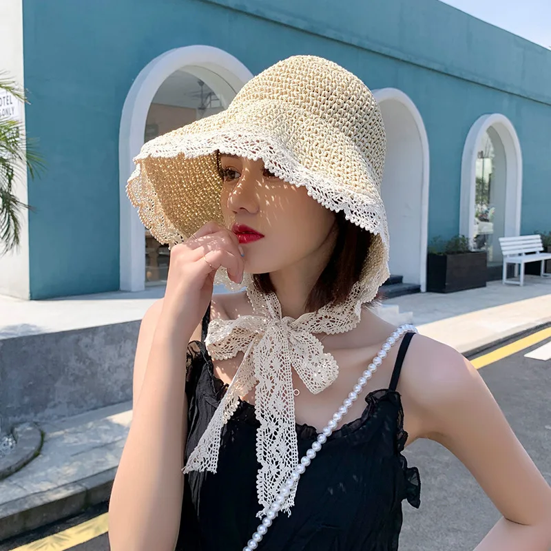 Top Trends: Summer Sun Hat Women Ladies Lace Ribbon Hat Holiday Beach Straw Paper Lady Out Door Travel Leisure Cap Women Bucket Hat Foldable Shoppable Styles