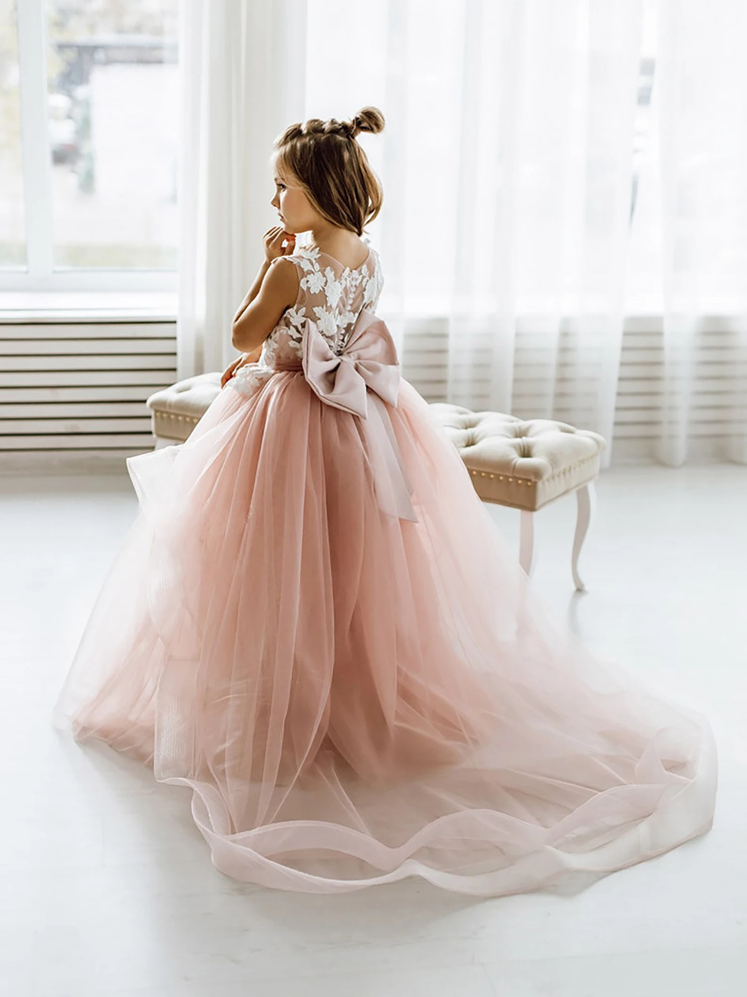 Top Trends: Pink Flower Girl Dresses For Kids Lace Floral Appqulies Bow Buttons Bridesmaid Bakless Evening Party Wedding Shoppable Styles