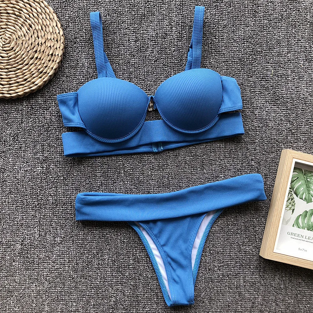 Top Trends: Bikini 2023 Sexy Push Up Blue Solid Swimwear Swimsuit Women Bikinis Set Bathing Suit Beach Bikini Female Costumi Da Bagno Donna Shoppable Styles