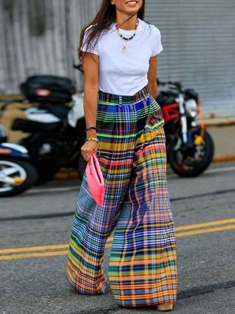 Top Trends: Lemongor 2023 New Arrivals Stylish Selection Wide Leg Pants Summer Checkerboard Printed Loose Casual Going Out Bottoms For Women Shoppable Styles