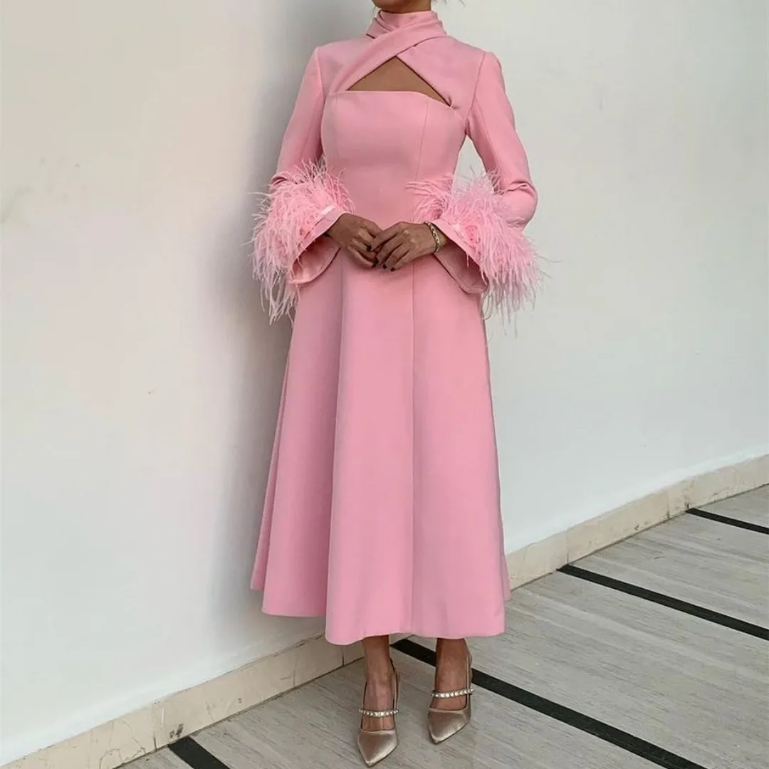 Top Trends: Vintage Short Pink Crepe Evening Dresses With Feathers فساتين سهرة Long Sleeve Halter Tea Length Prom Dresses Party Women Shoppable Styles