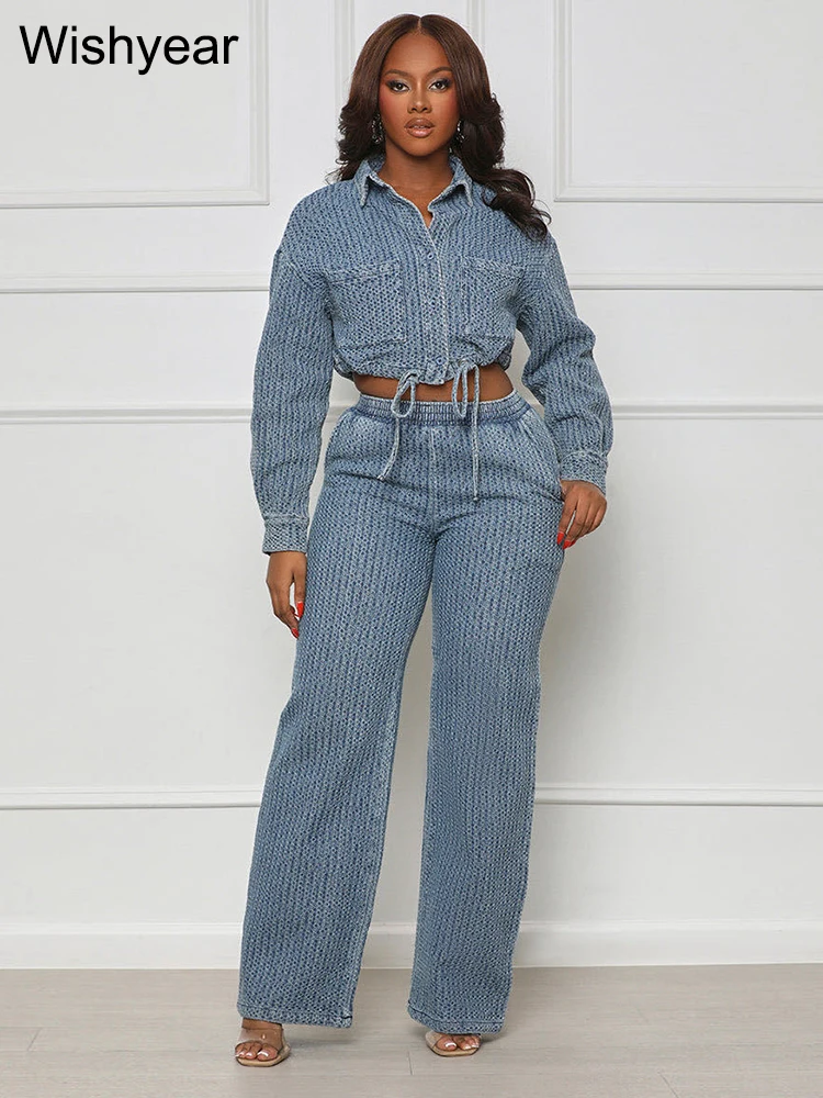 Top Trends: Elegant Denim Two Piece Set Women Long Sleeve Buttons Drawstring Jackets Crop Top Wide Leg Pants Jeans Suits Streetwear Outfit Shoppable Styles