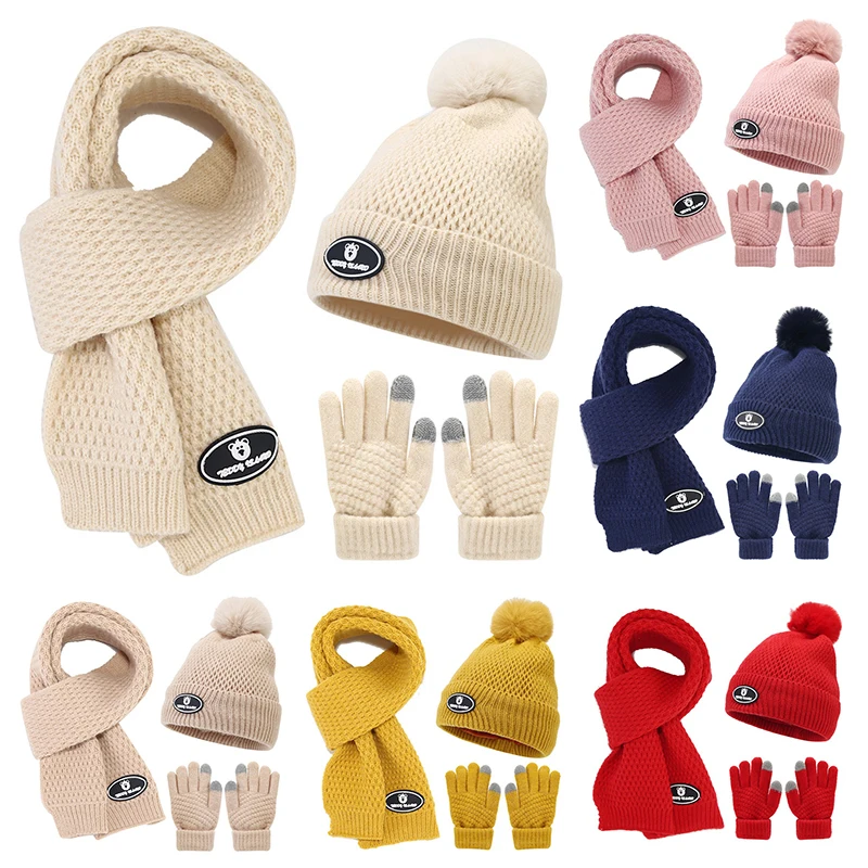 Top Trends: 3pcs Children Knitted Hats Scarves Gloves Winter Baby Bear Label Beanies Outdooor Velvet Cold-proof Wool Cap Suit Warm Accessory Shoppable Styles