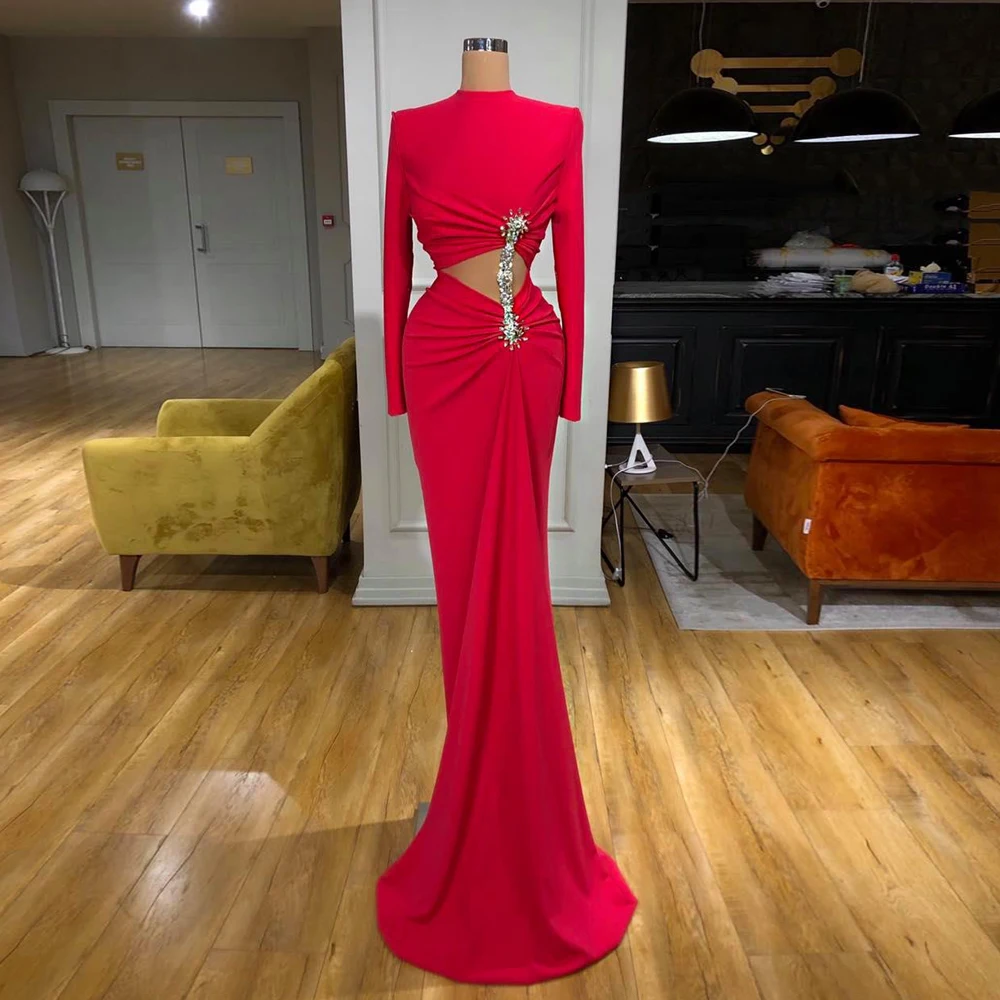 Top Trends: UOSU Sexy High Neck Long Sleeves Mermaid Evening Dress Cut-out Beading Stones Sweep Train Custom Size Formal Party Gown Prom Shoppable Styles