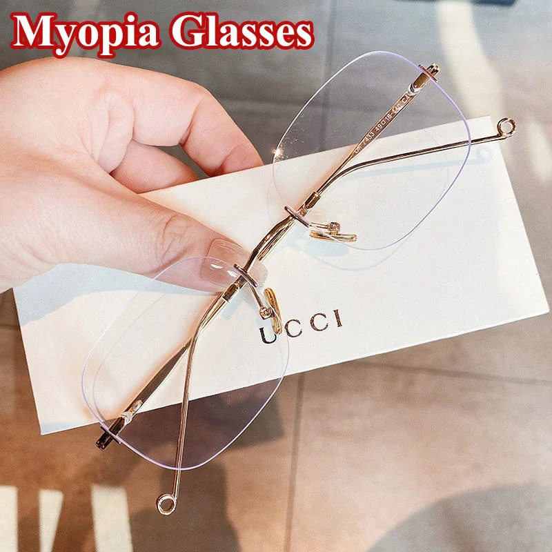 Top Trends: High Quality Myopia Glasses Unisex Square Frameless Frame Anti-blue Light Eyeglasses Nearsighted Prescription Eyewear Diopter Shoppable Styles