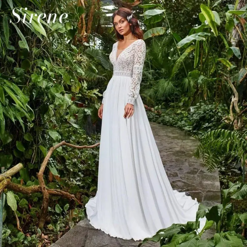 Top Trends: Bohemian Sweetheart Wedding Dresses A-Line Long Sleeve White Lace Applique Chiffon Backless Bridal Gown Train Vestidos De Novia Shoppable Styles