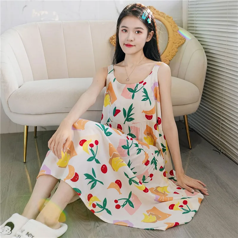 Top Trends: Summer Women's Nightgowns New Cotton Rayon Night Dress Sling Sweet Home Clothes Loose Print Sleeping Dresses Ladies Nighties Shoppable Styles