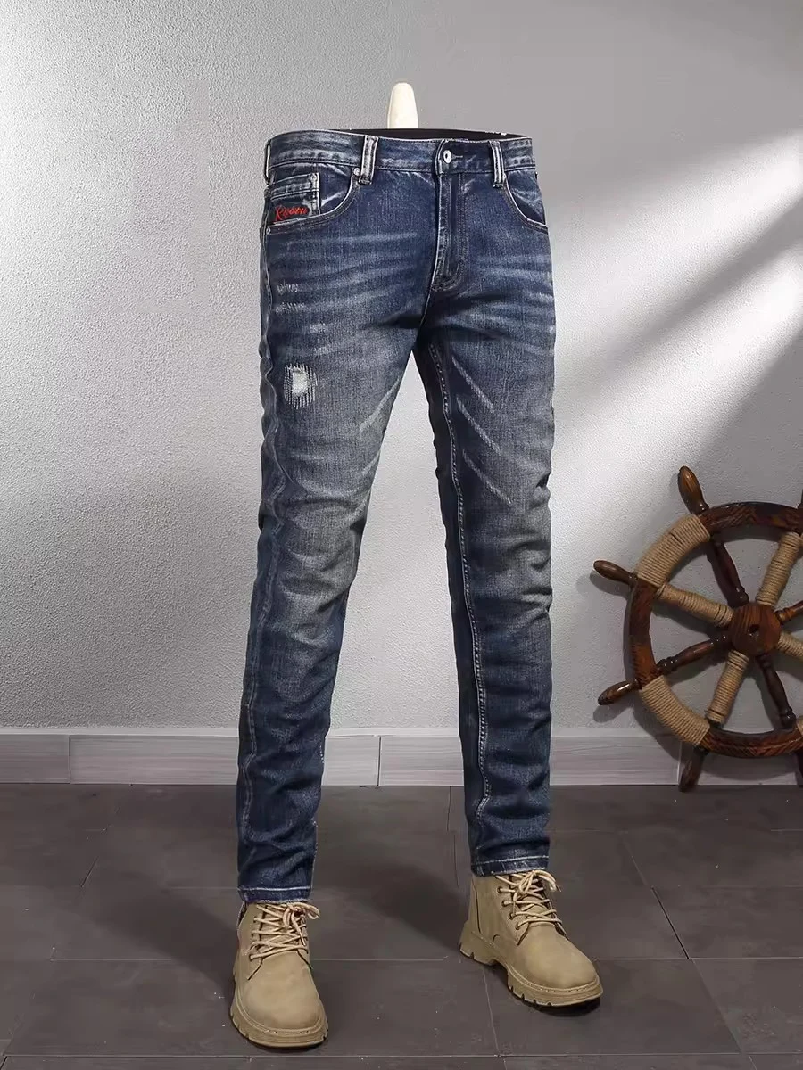 Top Trends: Newly Designer Fashion Men Jeans High Quality Retro Washed Blue Elastic Slim Fit Ripped Jeans Men Patched Vintage Denim Pants Shoppable Styles - Image 5