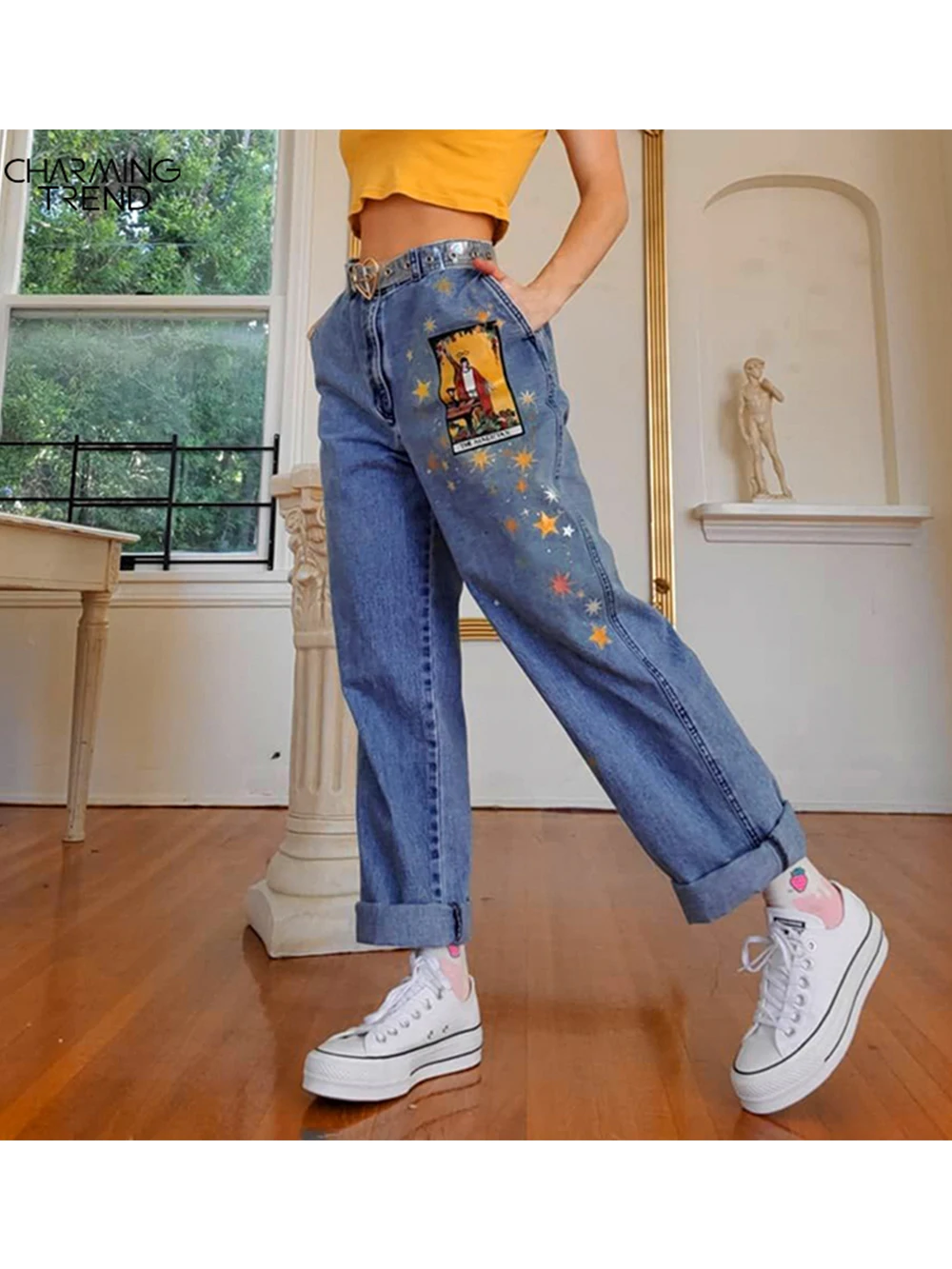 Top Trends: Womens Jeans Star Cartoons Pattern Printed 2022 Autumn Winter Denim Trousers Fit Young Girl Vintage Cute Female Jeans Pant Blue Shoppable Styles