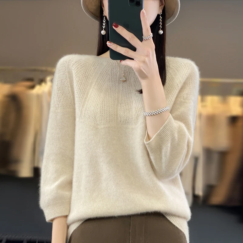 Top Trends: Spring And Autumn New 100% Pure Sweater Ladies Cropped Sleeves O-neck Solid Color High-end Hollow Cashmere Knit Pullover Shoppable Styles