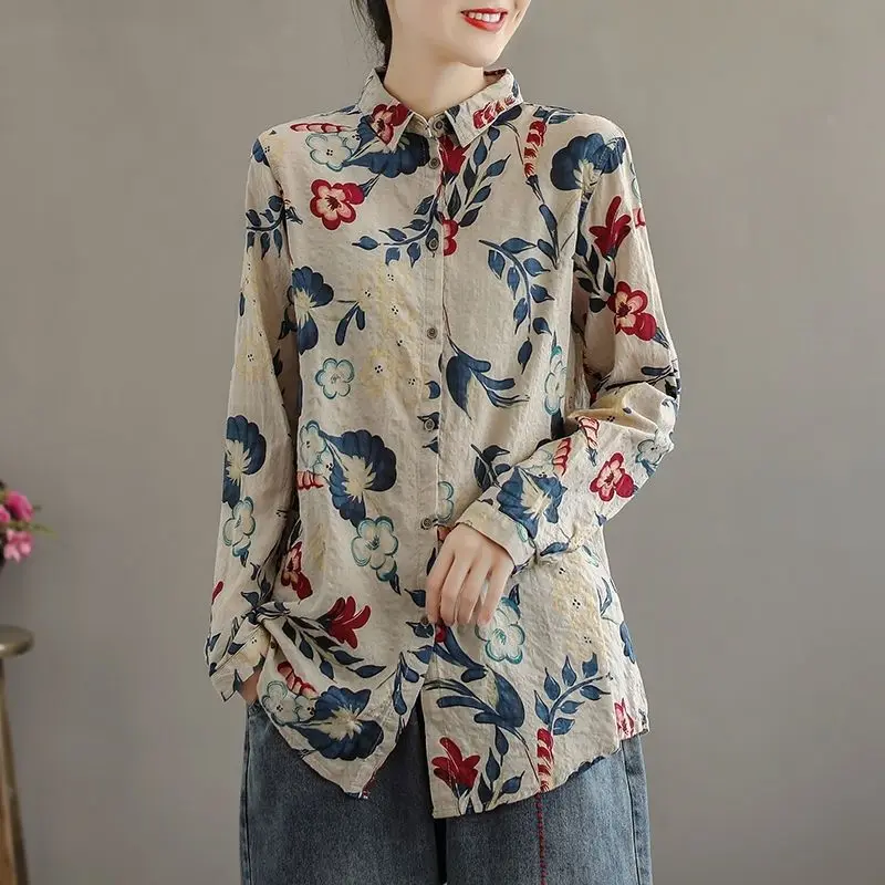 Top Trends: Fashion Vintage Polo-Neck Printed Floral Blouse Women's Clothing Spring Autumn Loose Casual All-match Long Sleeve Button Shirt Shoppable Styles