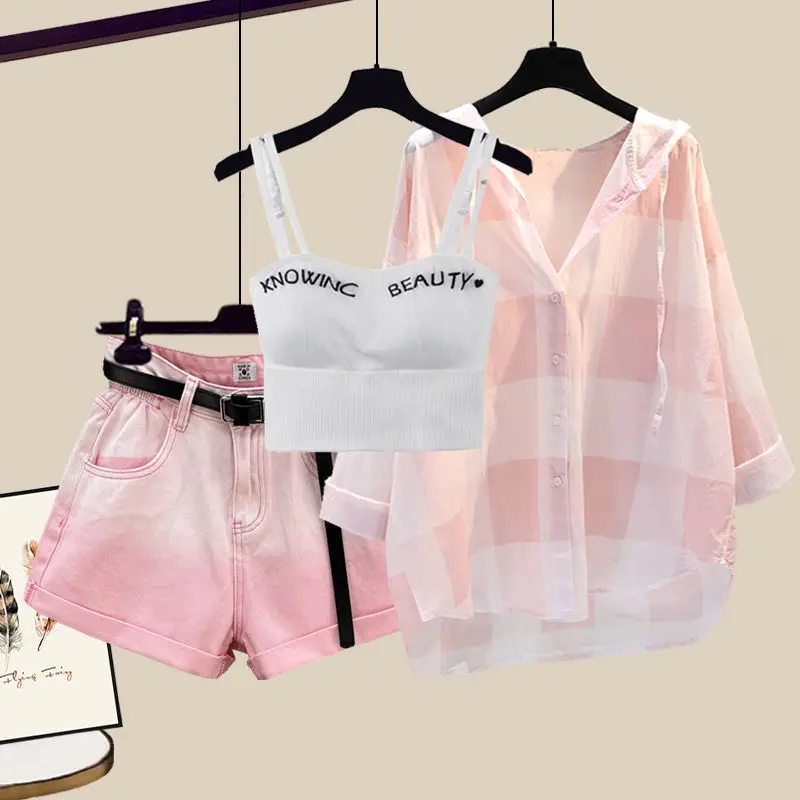 Top Trends: Fashion Tie-dyed Shorts Sunscreen Plaid Shirt Pink Bra Three-piece Elegant Women's Pants Set Summer Outfits Tracksuit For 2023 Shoppable Styles - Image 2