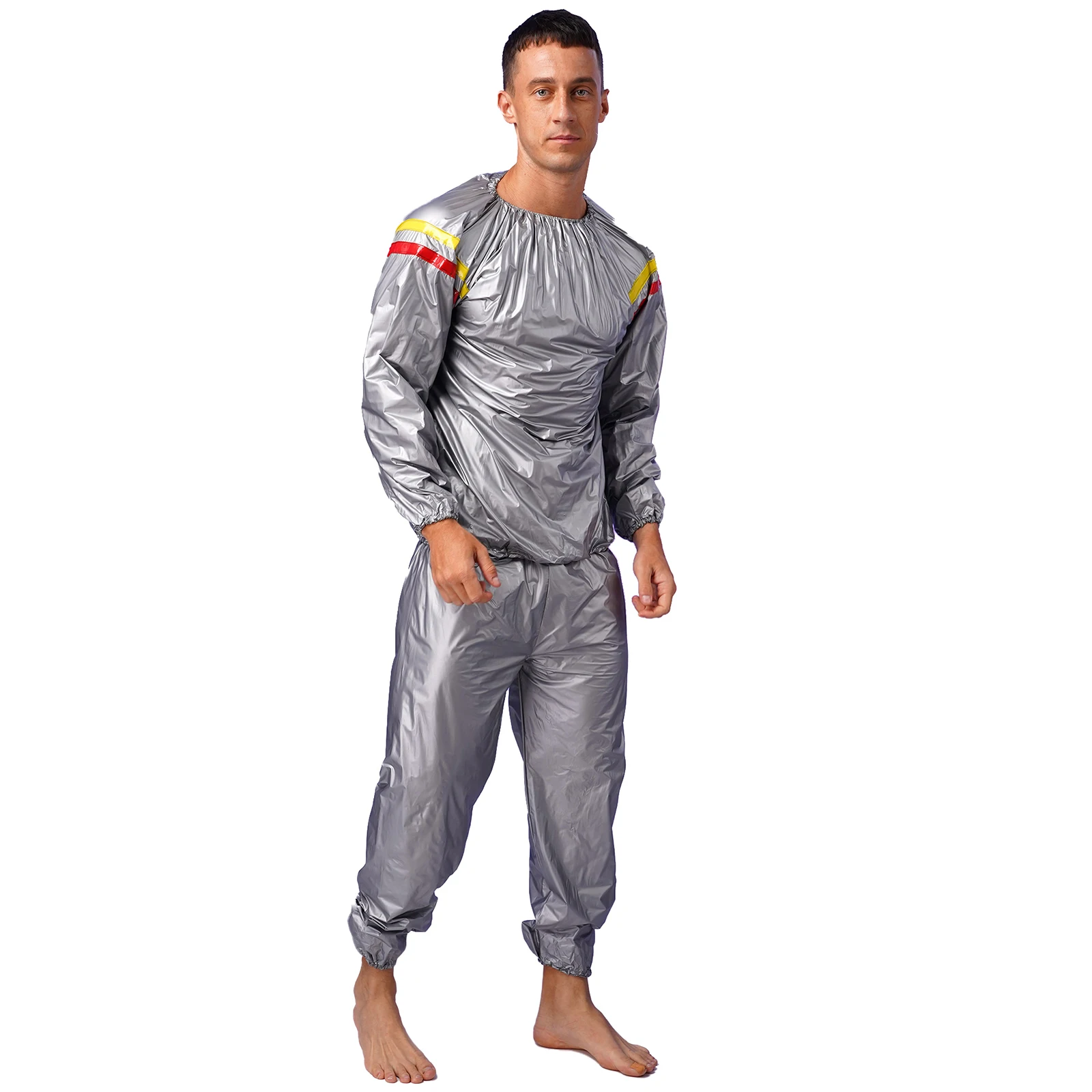 Top Trends: Mens Womens Weight Loss PVC Sauna Suit Fitness Gym Workout Outfits Contrast Color Stripe Long Sleeve Top With Pants Shoppable Styles - Image 2