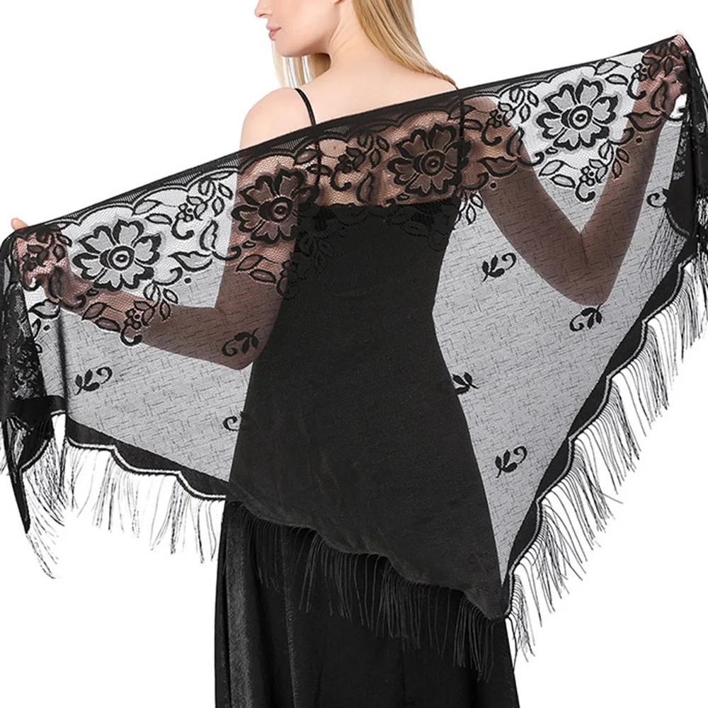 Top Trends: Women Lace Tassels Triangle Scarf Sheer Hollow Out Breathable Scarves Long Fringe Muslim Hijabs Solid Color Evening Dress Shawl Shoppable Styles