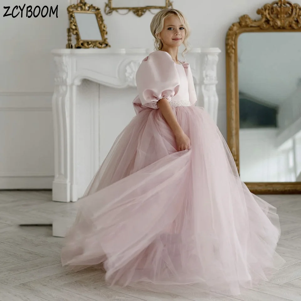 Top Trends: Lovely Pink O-Neck Beaded Puff Sleeves Bow Girl Dress 2024 Ball Gown Floor Length Tulle Little Princess First Communion Dress Shoppable Styles