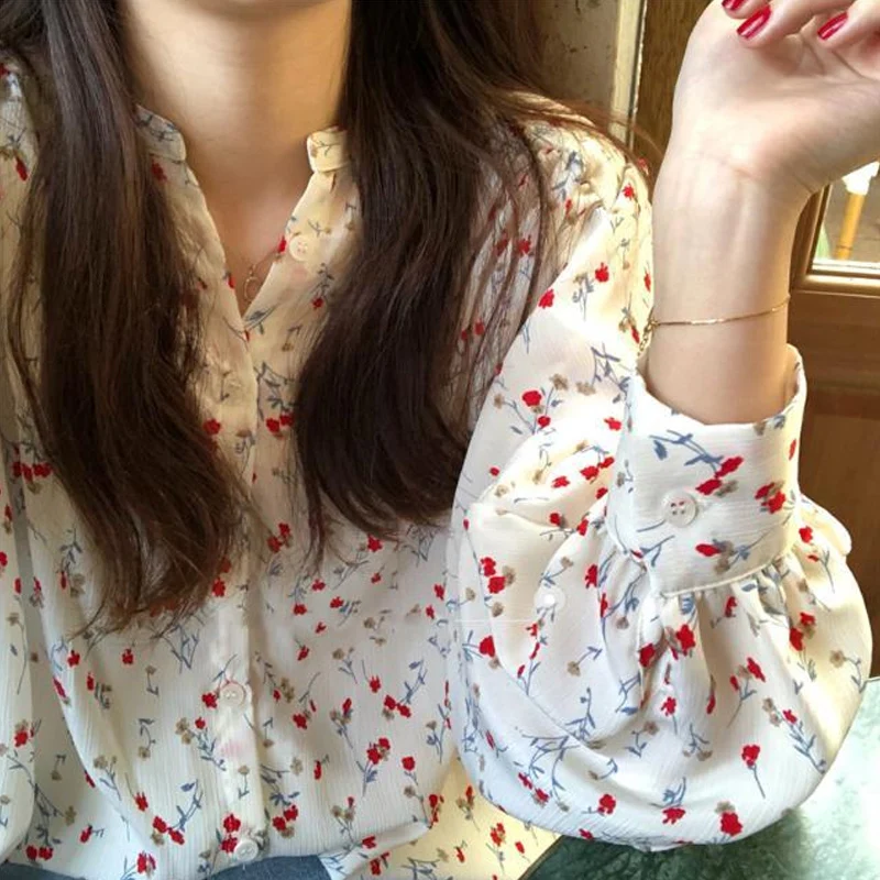 Top Trends: Floral Chiffon Shirt Tops Spring Autumn New Long Sleeve Polo Neck Printing Loose Youth Blouse Fashion Sweet Cute Women Clothing Shoppable Styles