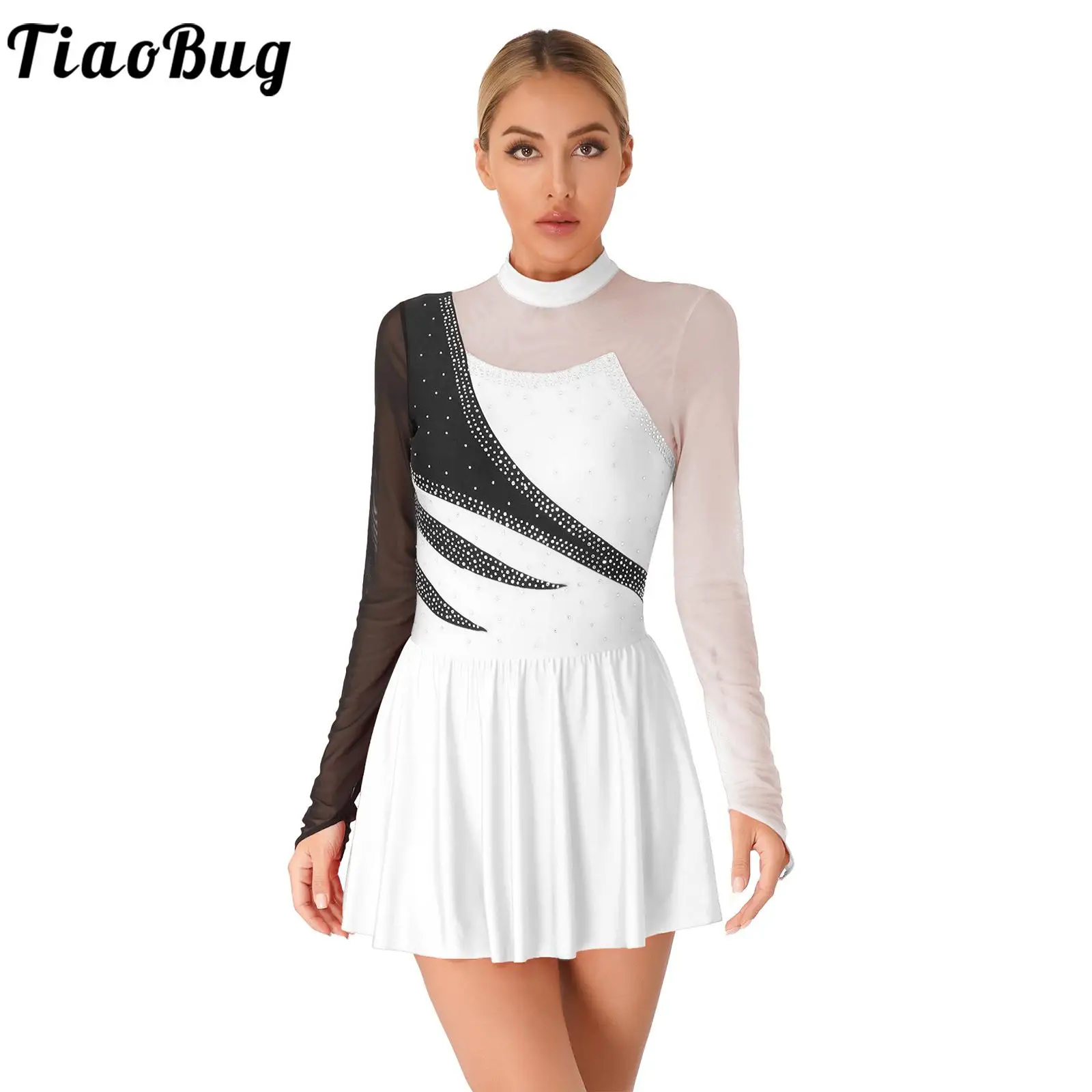 Top Trends: Womens Figure Skating Dance Performance Costume Rhinestone Color Block Leotard Sheer Mesh Cutout Back Long Sleeve Dance Dress Shoppable Styles