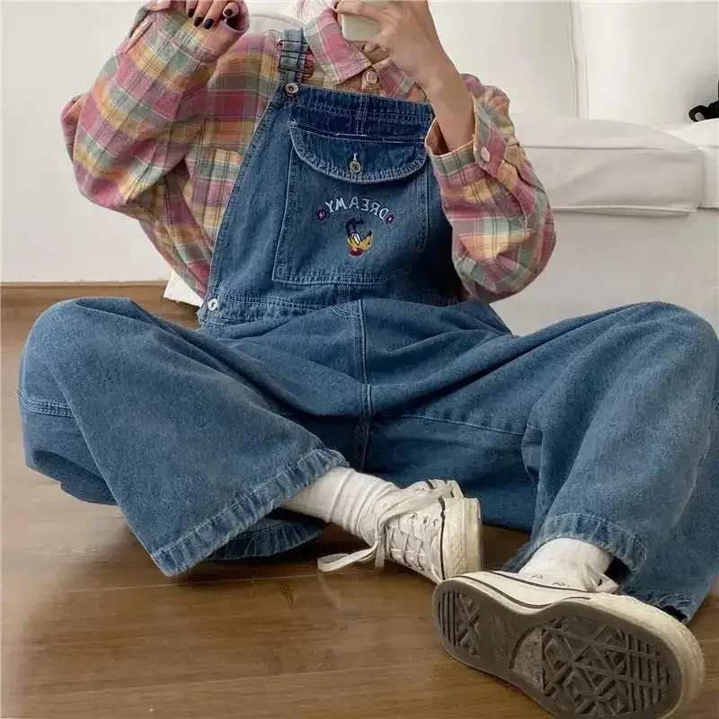 Top Trends: Japanese Loose Cute Jumpsuits Women New Cartoon Embroidery Oversized Denim Overalls Female Cuffed Wide Leg Trousers Shoppable Styles - Image 3