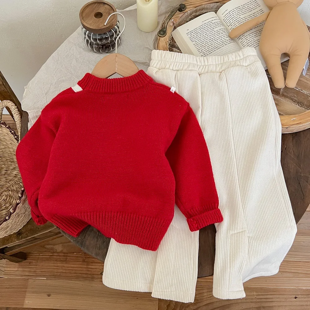 Top Trends: Cute Girls Sweater Sets Red Soft Warm Pullover Bow Gift Knitting Tops+ Elastic Waist Solid Pants 2Pcs Kids Christmas Clothes Suit Shoppable Styles - Image 4