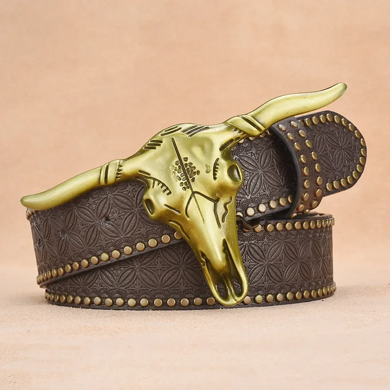 Top Trends: Trendy Personalized Punk Cow Head Buckle Men's Belt Solid Color Embossed Western Denim Rivet Decoration Belt Accessories Gift Shoppable Styles