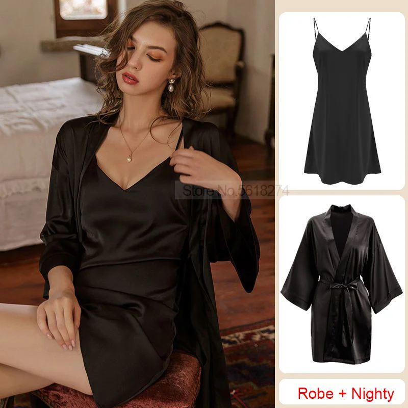 Top Trends: Satin Robe Set Sexy Women Sleepwear Casual Intimate Lingerie Faux Silk Nightdress Kimono Bathrobe Gown V-Neck Nightwear Shoppable Styles