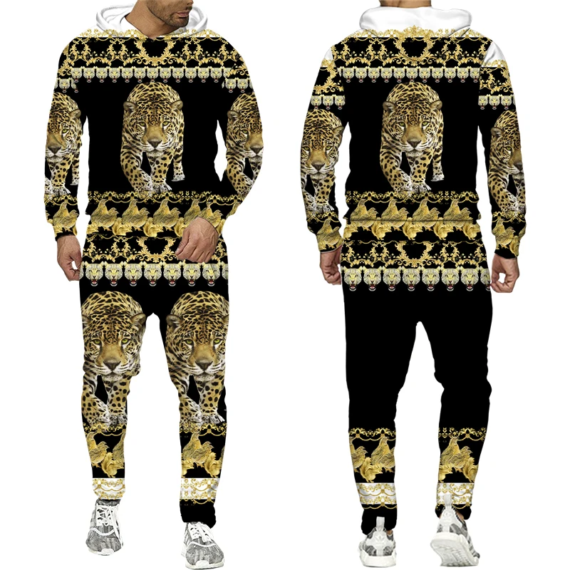 Top Trends: Men's Hoodie Pants Suit Leopard Golden Pattern Sportswear Set 3D Print Women Fashion Tracksuit Jogging Clothes For Men Clothing Shoppable Styles - Image 3