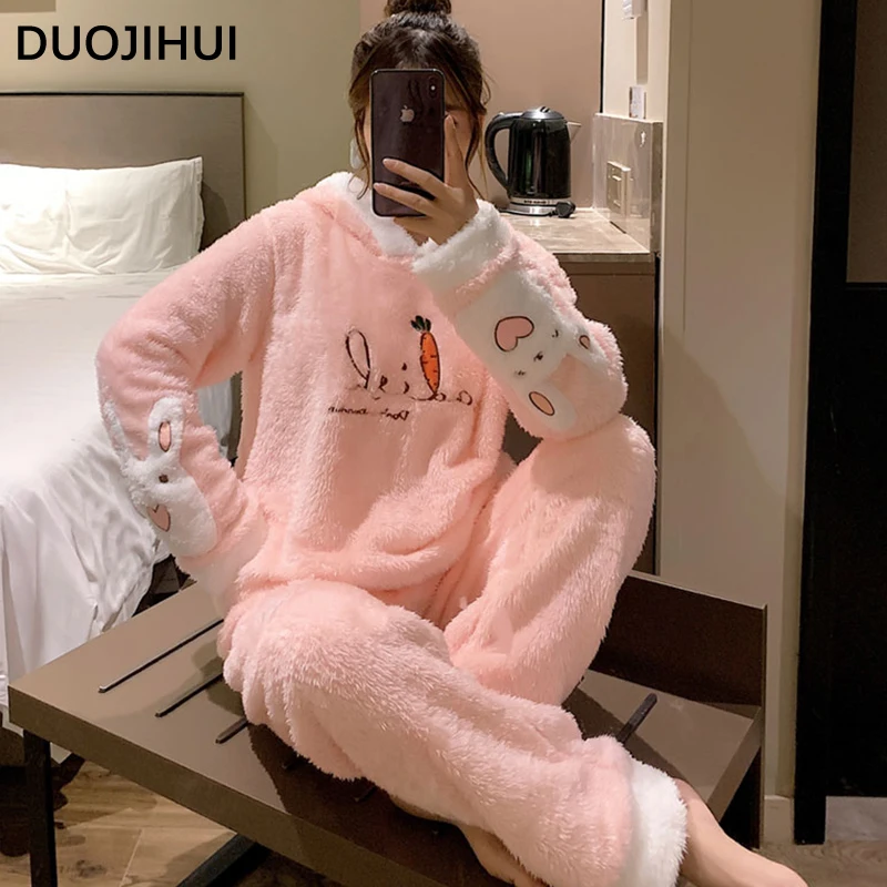 Top Trends: DUOJIHUI New Sweet Pink Chic Printing Hooded Women's Pajamas Set Winter Fashion 2-colors Home Clothes Loose Female Sleepwear Set Shoppable Styles