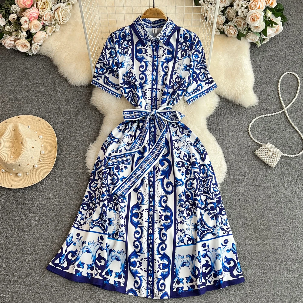 Top Trends: Runway Fashion Summer Print Shirt Dress For Women Short Sleeve Single Breasted Lace Up Belt Vintage Holiday Vestidos Casual Shoppable Styles