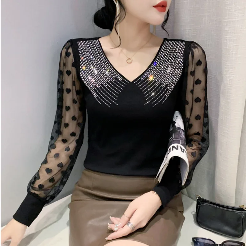 Top Trends: #8034 Spring Summer Black Green Mesh Long Sleeve T Shirt Women V-neck Shiny Diamonds Korean Style Tight Tee Shirt Femme Sexy Shoppable Styles