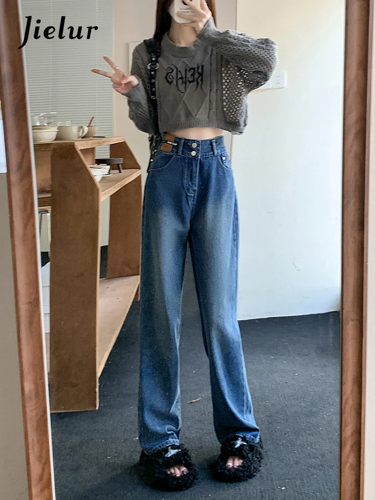 Top Trends: Jielur Autumn New Vintage Slim Women Jeans Fashion Street Simple Basic Woman Jeans High Waist Loose Straight Leg Pants Female Shoppable Styles