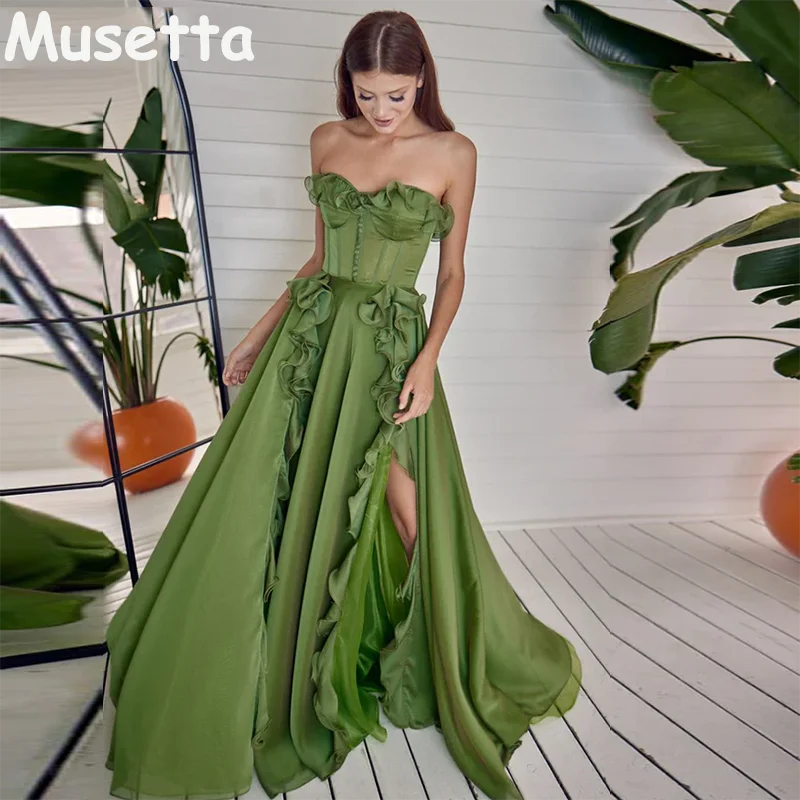 Top Trends: Musetta Green Strapless Lovely Long Prom Dress Ruffles High Side Split Evening Dresses Backless Lace Up Women Formal Party Gown Shoppable Styles